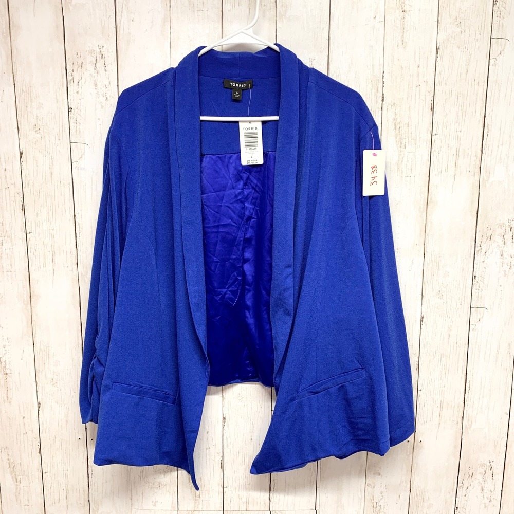 Torrid Blue Crepe Blazer Womens Size 6 Open Front Ruched Sleeve Workwear New